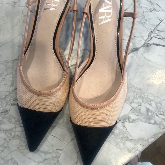 Zara Shoes - Zara beige/black cap kitten heels- size 39